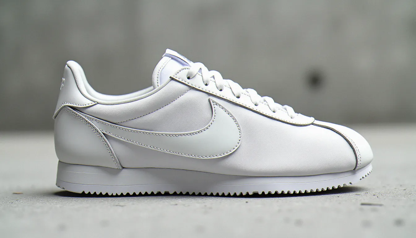 Vue latérale d'une Nike Cortez Ultra Moire blanche posée sur béton gris clair, mettant en valeur la texture moire du mesh et la silhouette classique de la Cortez