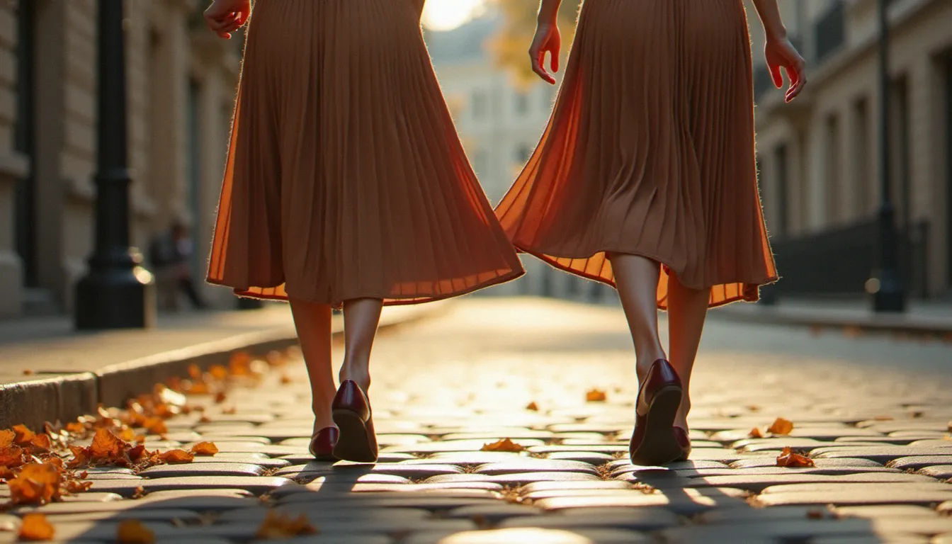 Bas de silhouette féminine portant un polo bordeaux rentré dans une jupe midi camel plissée sur pavés parisiens en lumière d'automne