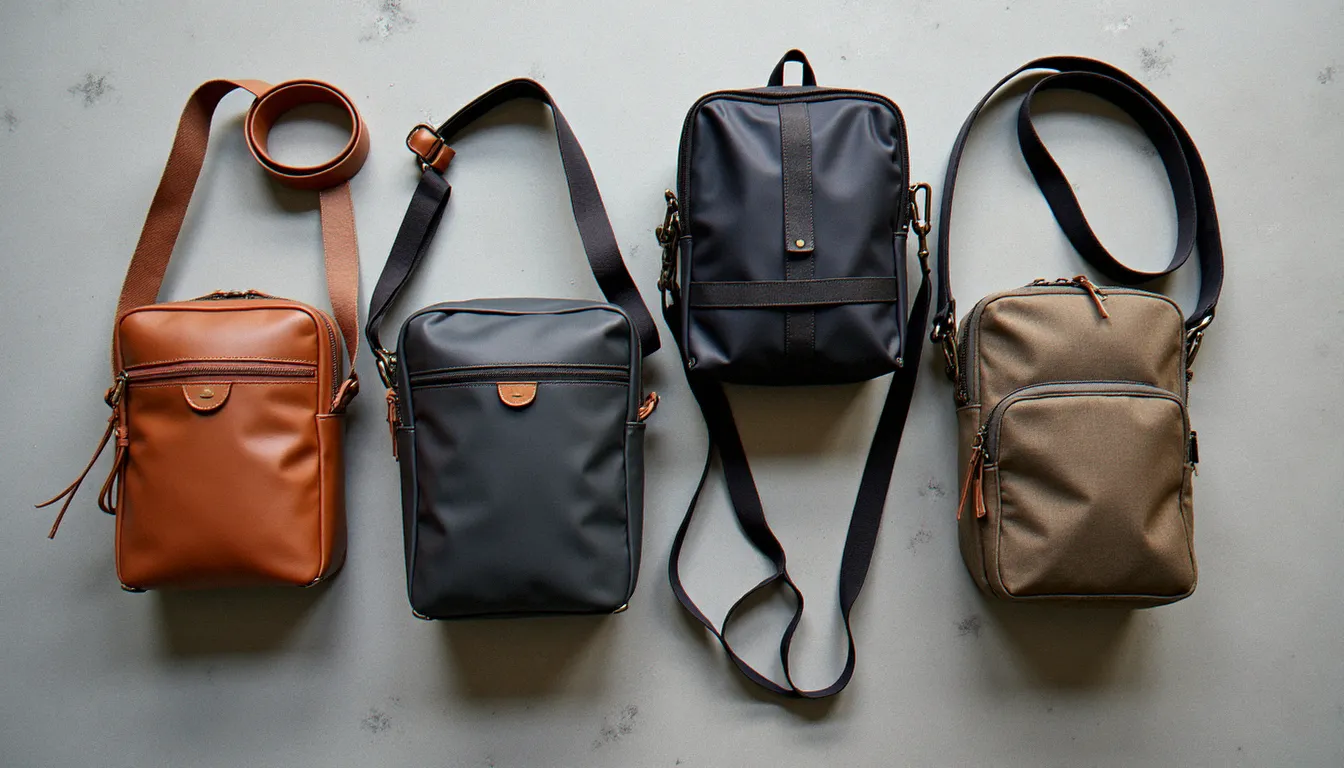 Vue à plat de quatre sacoches homme aux matières différentes — cuir structuré, nylon, toile canvas — disposées sur fond béton gris, comparatif de modèles
