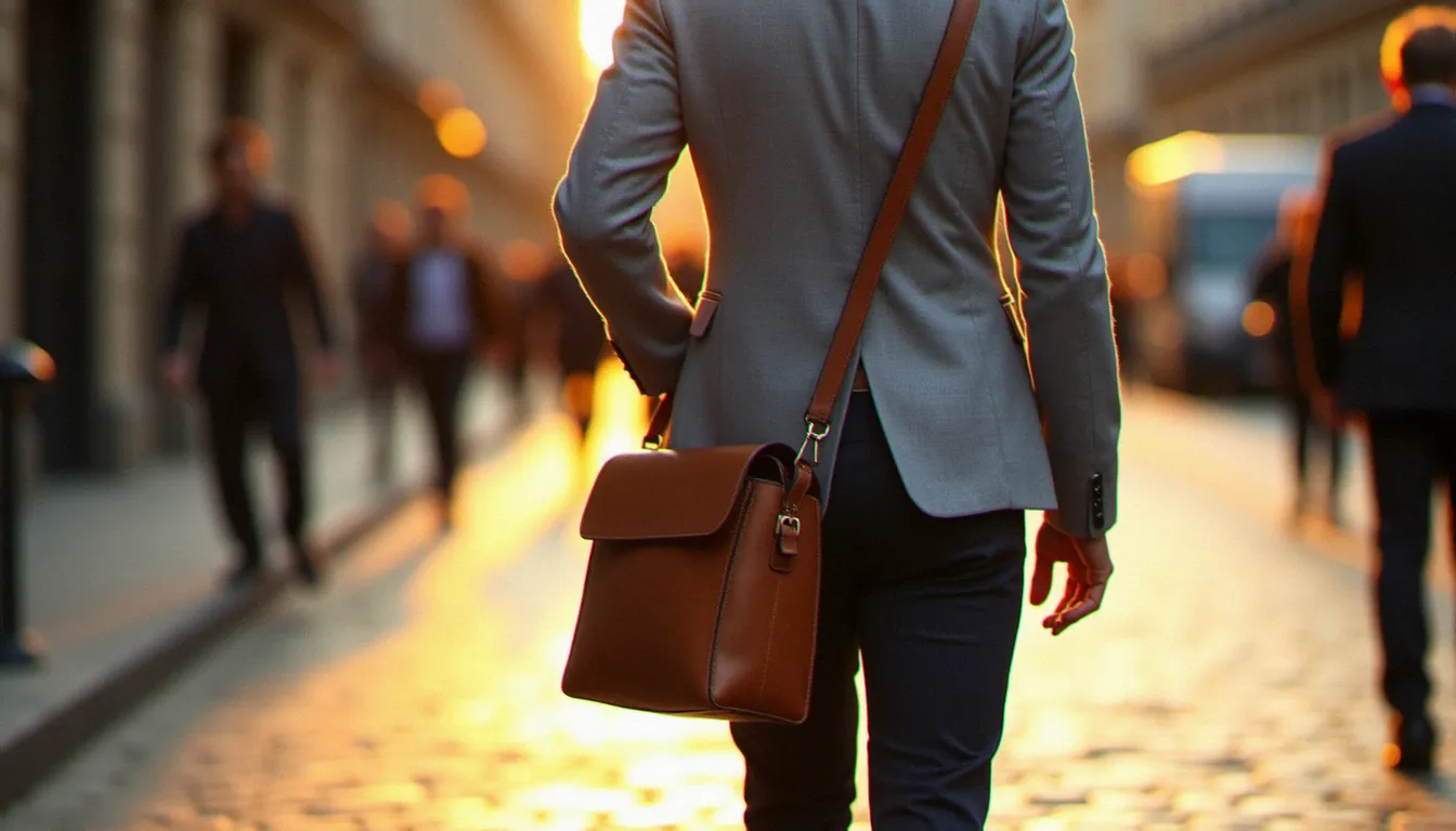 Homme en pantalon sombre et veste grise portant une sacoche cuir cognac en bandoulière croisée dans une rue parisienne pavée, lumière dorée