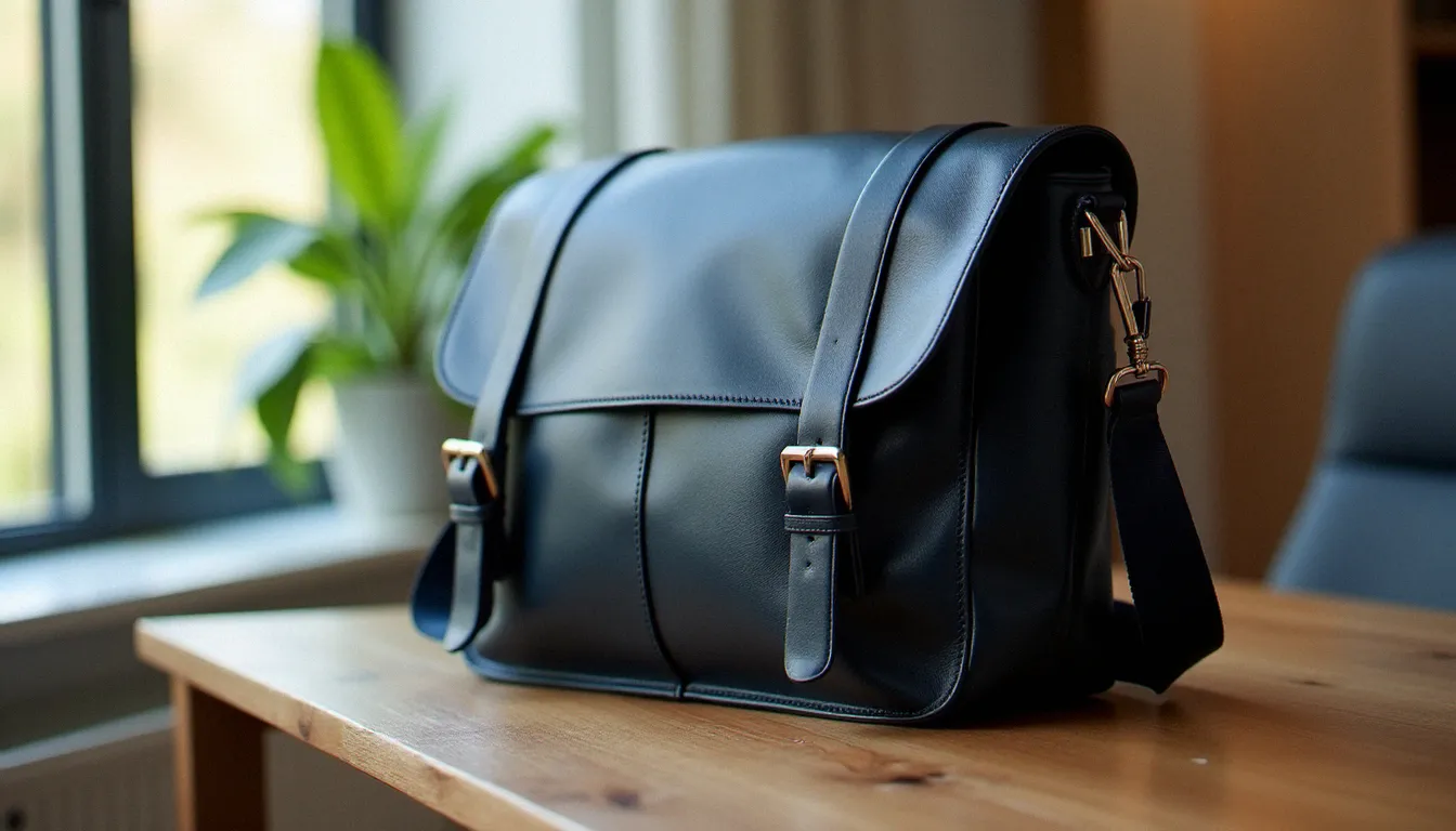 Sacoche longchamp homme en cuir marine posée sur un bureau en bois, éclairage naturel latéral, détail de la texture cuir grainé et de la boucle métal