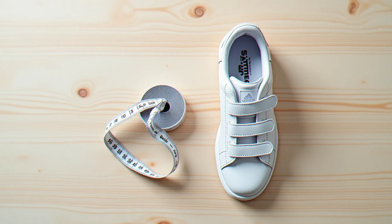 Vue de dessus d'une Stan Smith à scratch ouverte avec un mètre ruban sur fond bois clair, guide de taille visuel