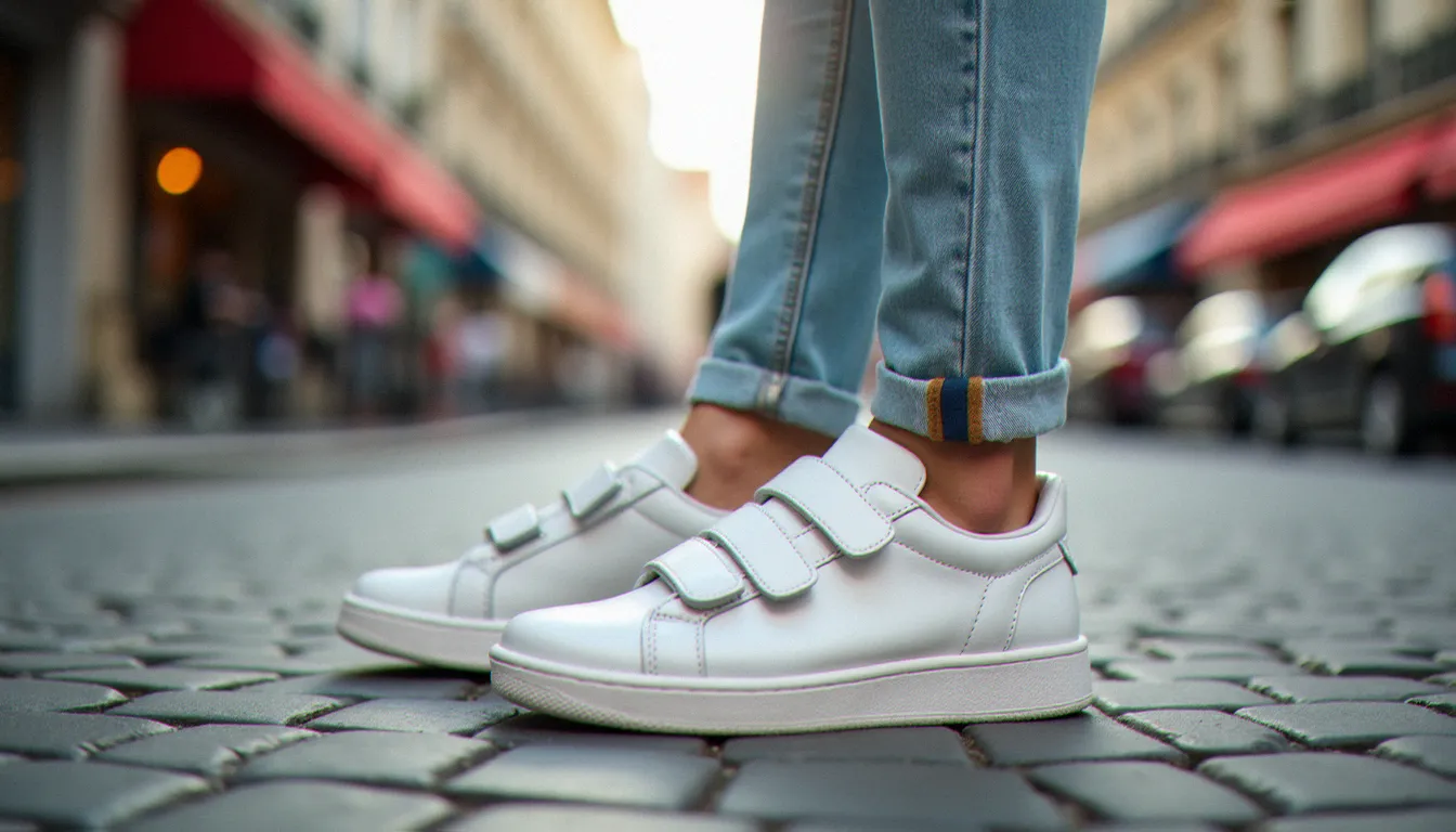 Pieds portant des Stan Smith à scratch blanches avec un jean slim bleu retroussé sur pavés parisiens, style rue authentique