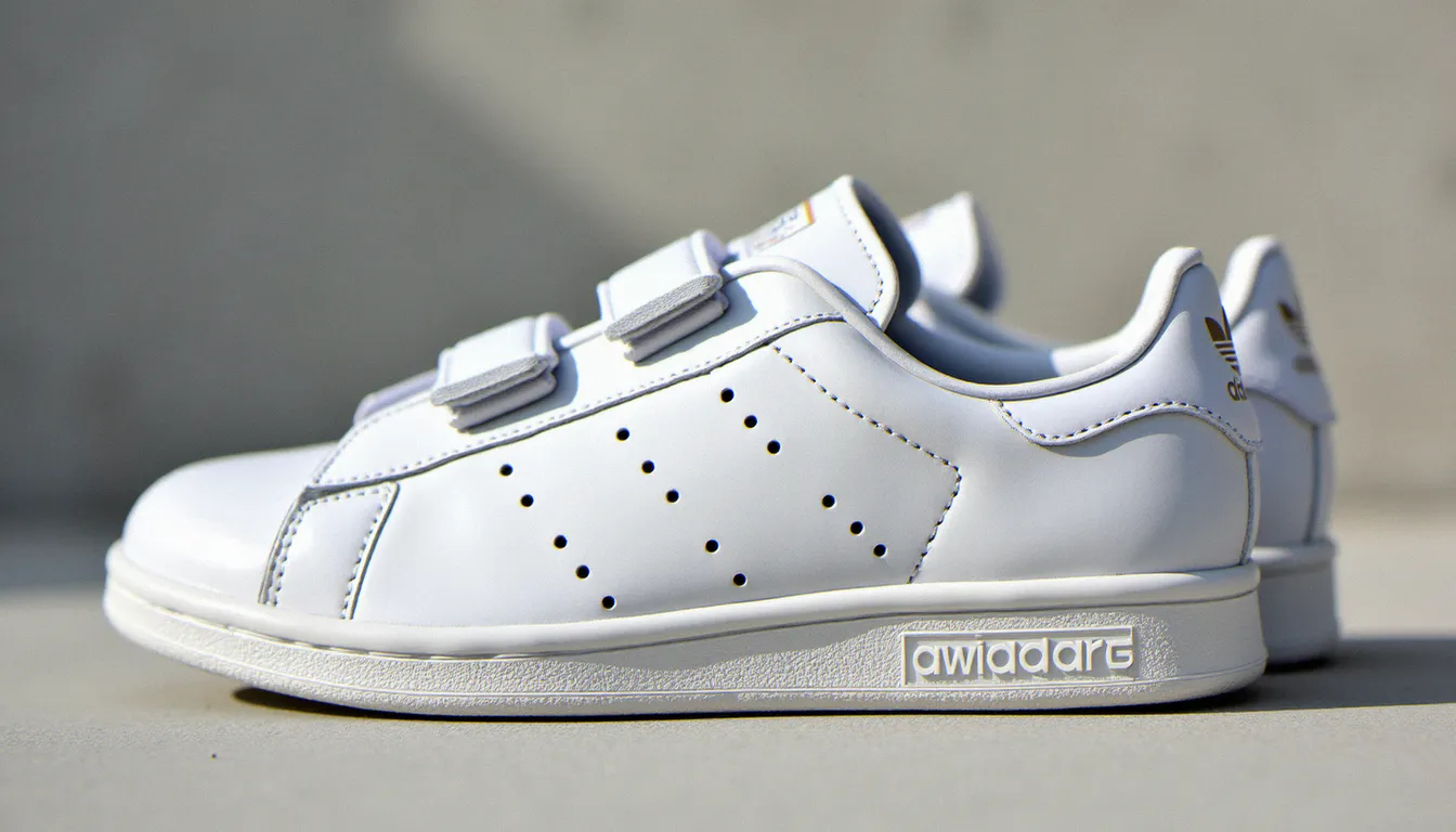 Paire de Stan Smith à scratch femme en cuir blanc posée sur béton clair, vue de côté en lumière naturelle