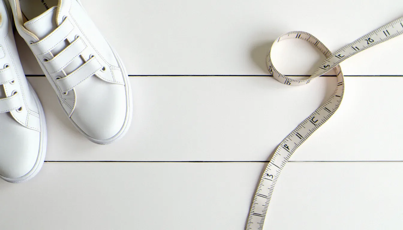 Vue à plat de deux sneakers blanches à scratch avec un mètre ruban pour guide des tailles
