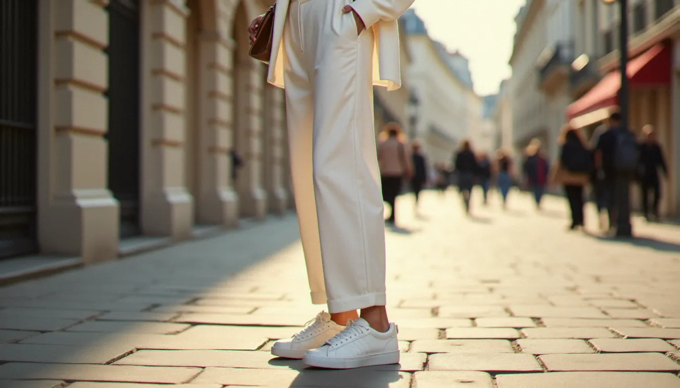 Femme portant un pantalon ample en lin et un blazer blanc avec des sneakers stan smith scratch blanches dans une rue parisienne
