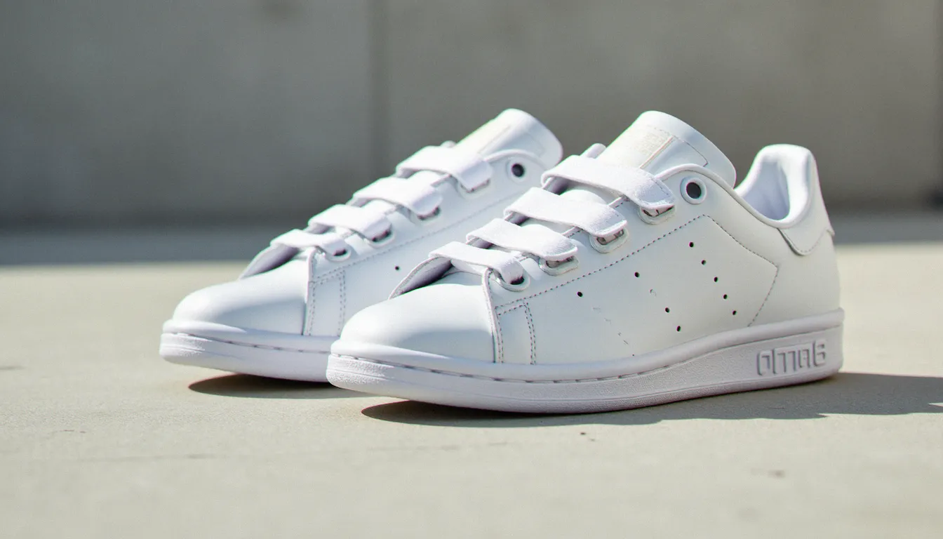 Paire de stan smith femme scratch blanche posée sur une surface en béton gris clair, éclairage naturel doux