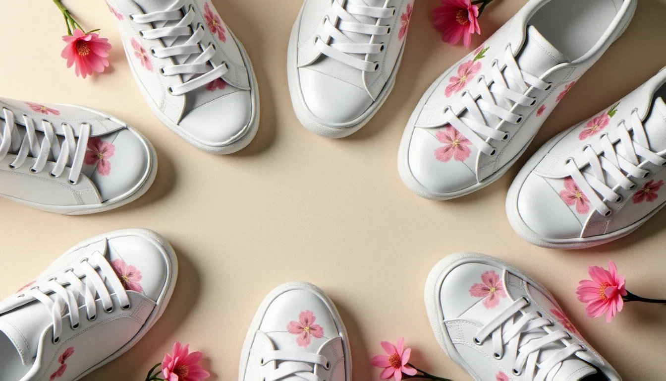 Vue de dessus de plusieurs sneakers blanches avec différents motifs floraux brodés et imprimés, disposées sur tissu lin beige