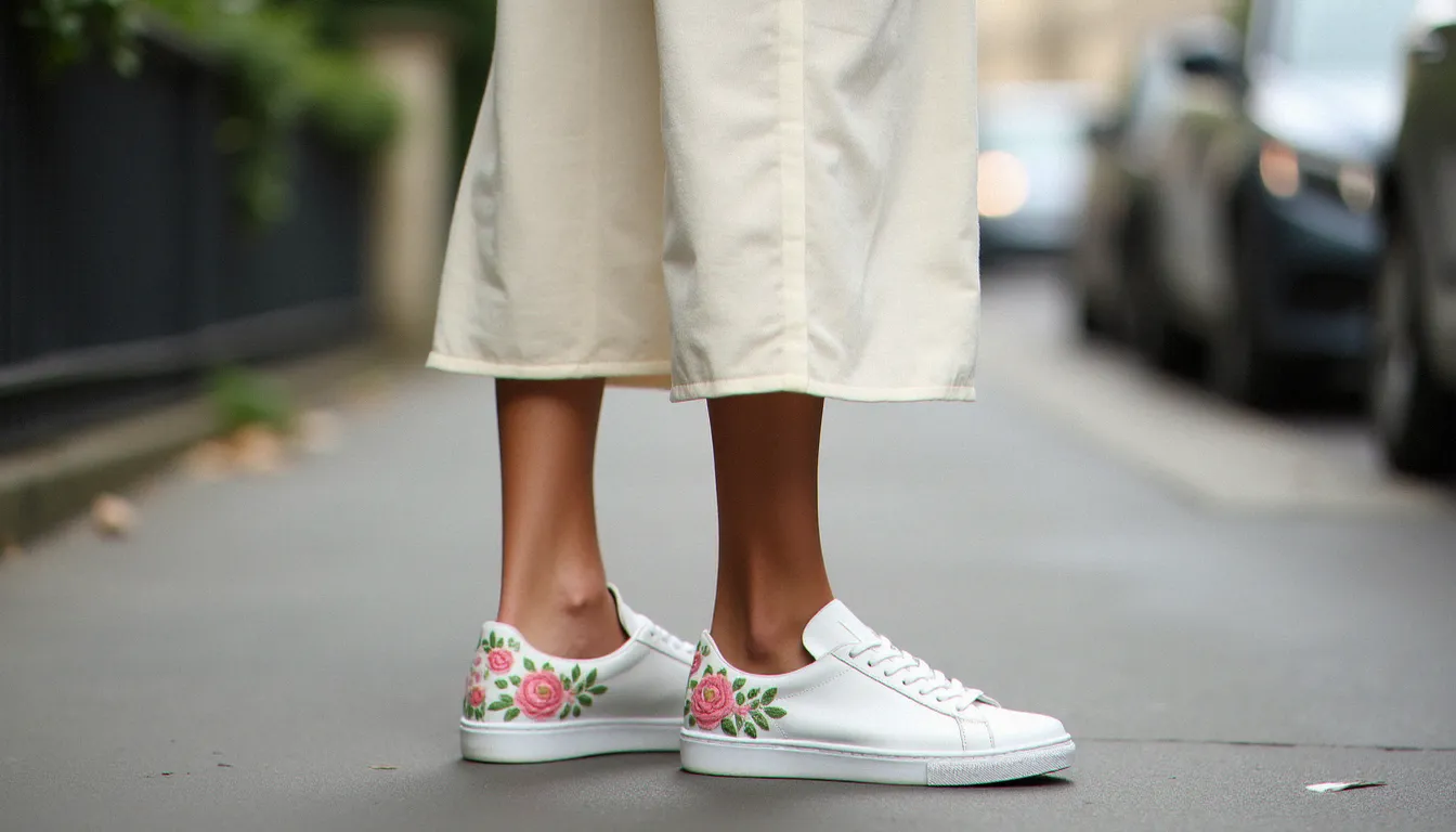 Détail tenue street style avec robe midi crème et sneakers blanches à broderies florales pastels sur pavés parisiens