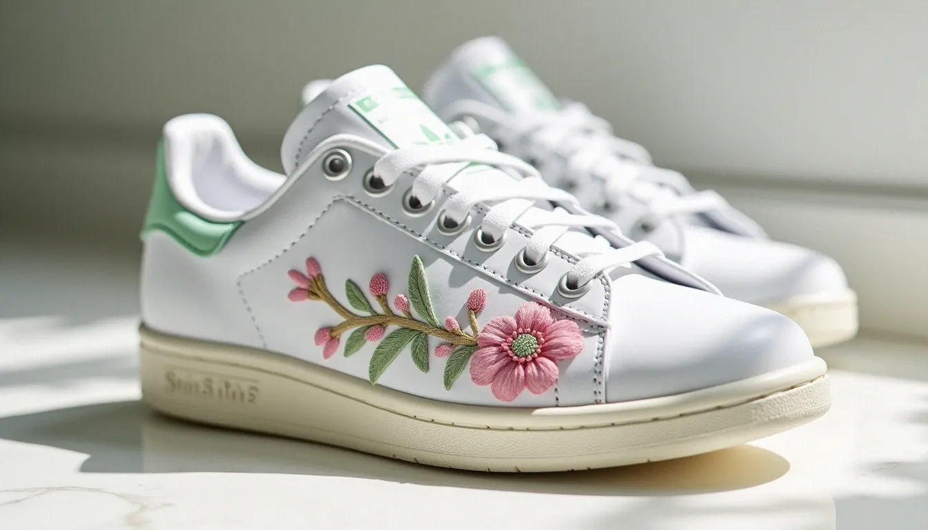 Sneaker Stan Smith blanche avec broderies florales roses et vertes sur empeigne en cuir, posée sur marbre clair en lumière naturelle