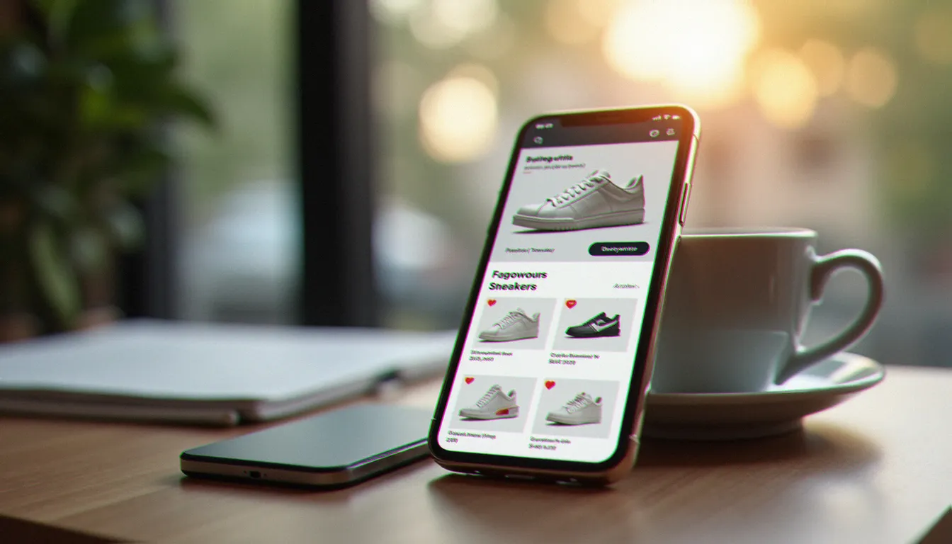 Smartphone posé sur un bureau en bois affichant une recherche de sneakers blanches sur une application mode, lumière naturelle de fenêtre