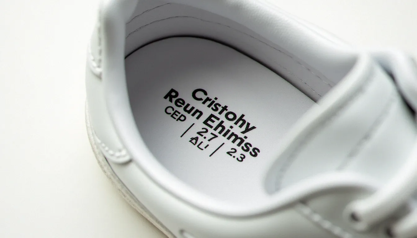 Gros plan sur l'étiquette intérieure d'une sneaker en cuir blanc montrant les informations de taille et de fabrication, fond blanc épuré, lumière naturelle