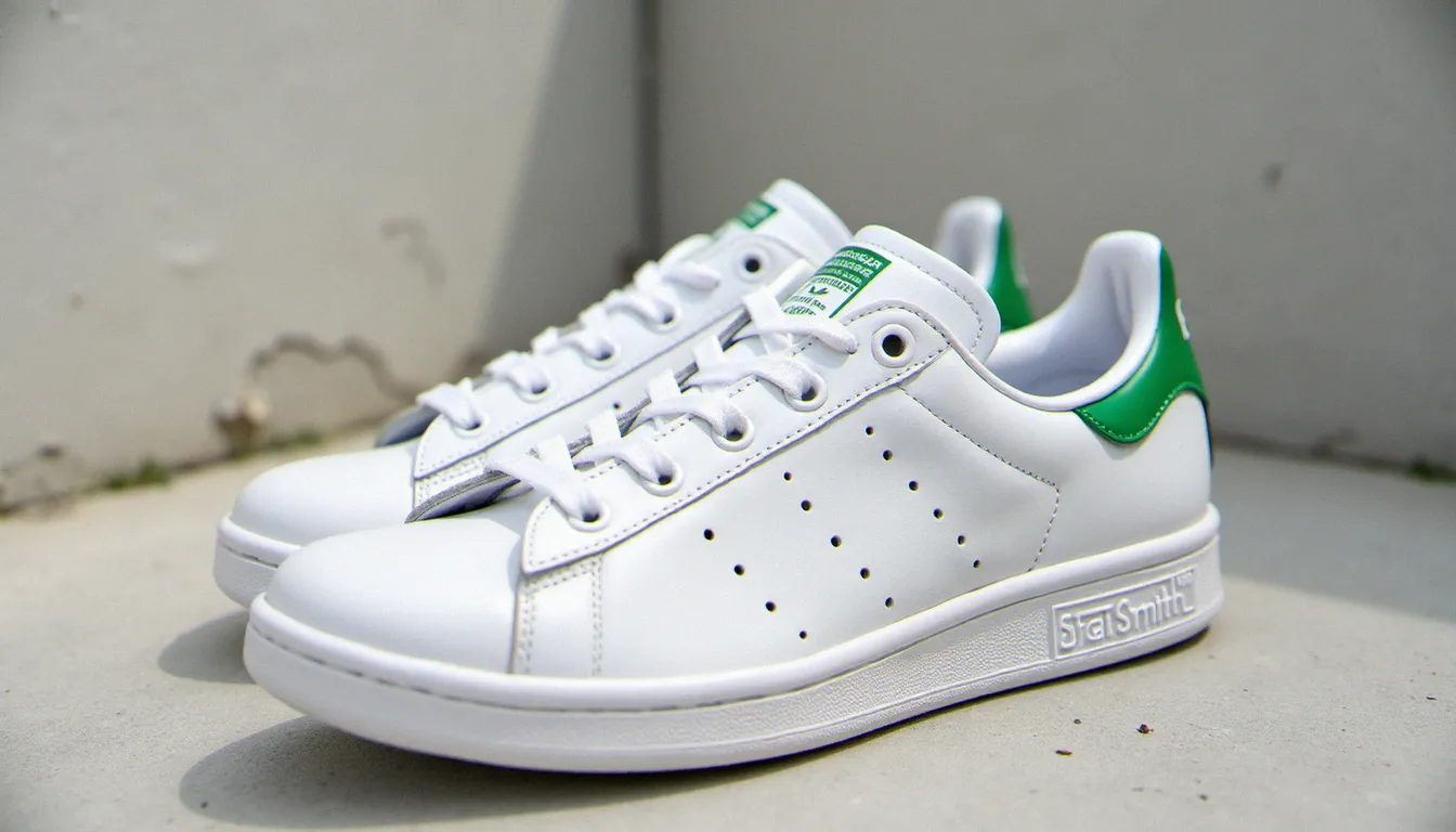 Paire de Stan Smith blanches Adidas posées à plat sur béton gris clair, vue de côté rapprochée, lumière naturelle douce