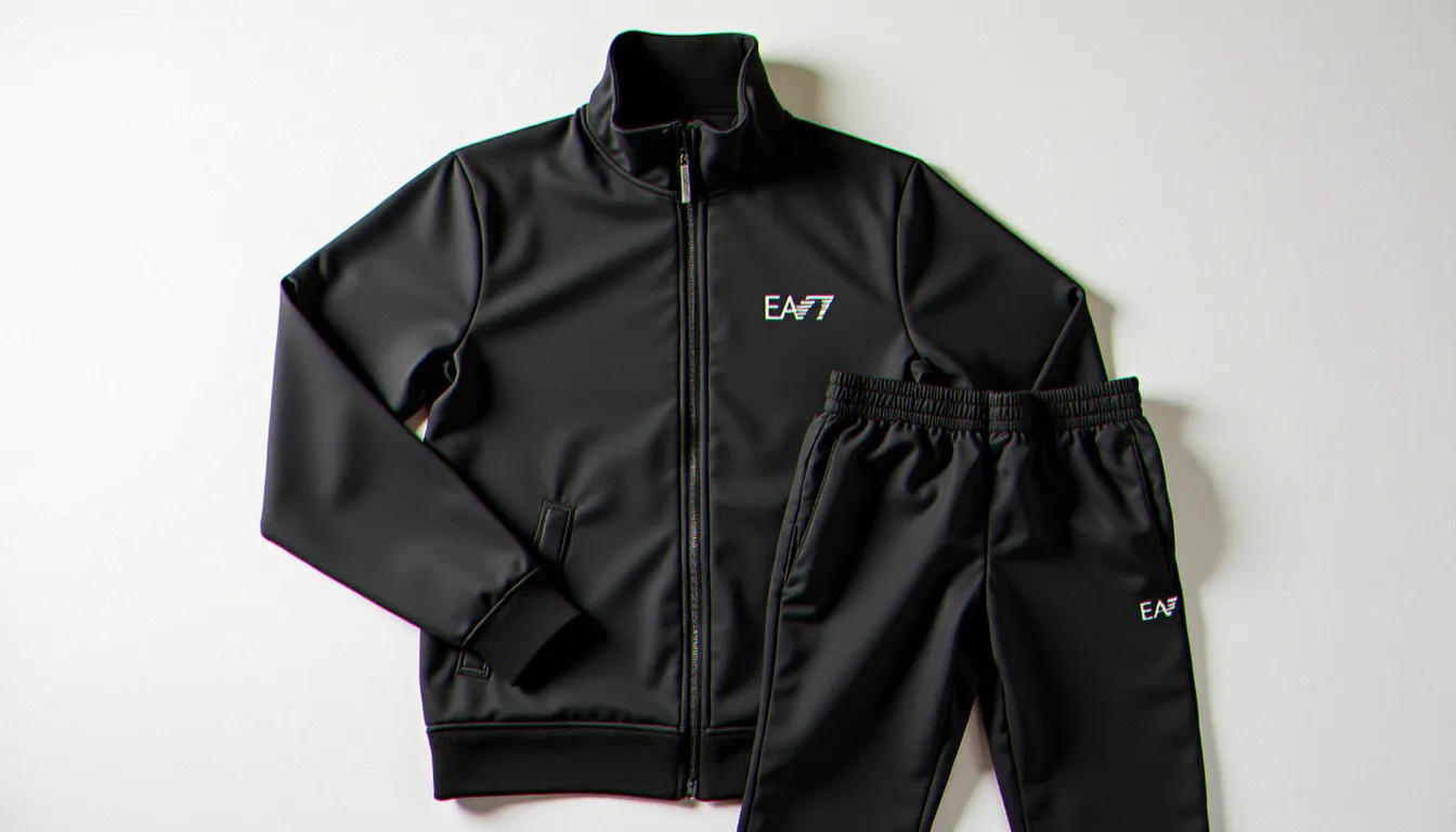 Ensemble survêtement Armani EA7 noir posé à plat, détail texture tissu et badge brodé visible