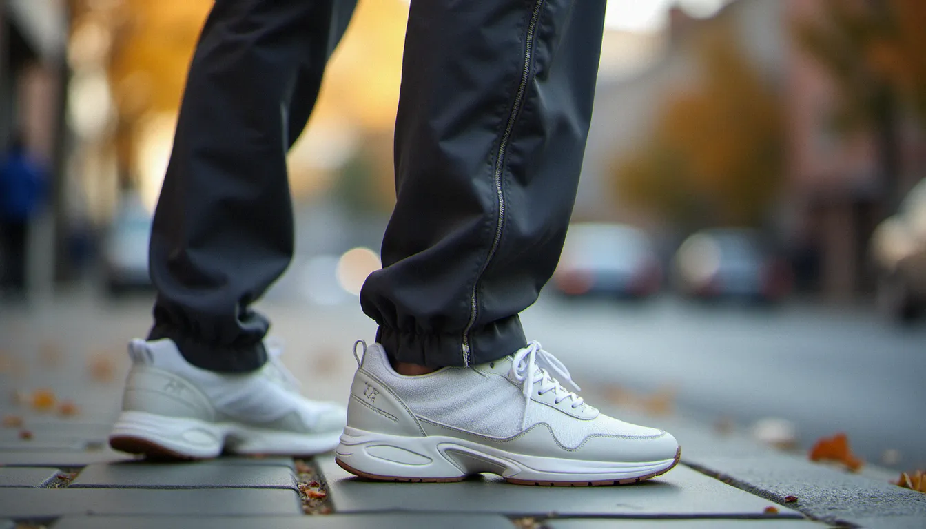 Bas d'un pantalon de survêtement Armani EA7 gris anthracite effilé porté avec des sneakers blanches en contexte urbain