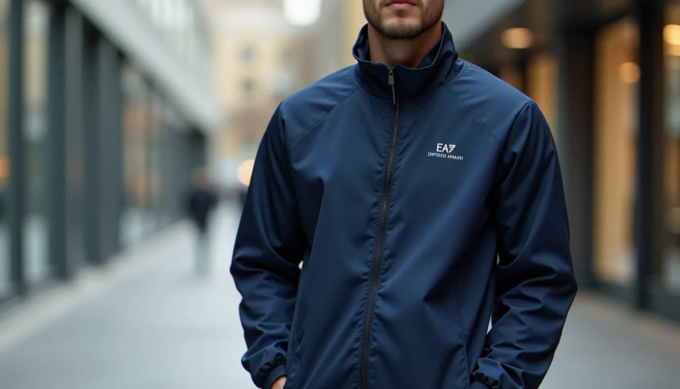 Homme portant un survêtement Armani EA7 bleu marine, tenue complète veste et pantalon, style streetwear urbain