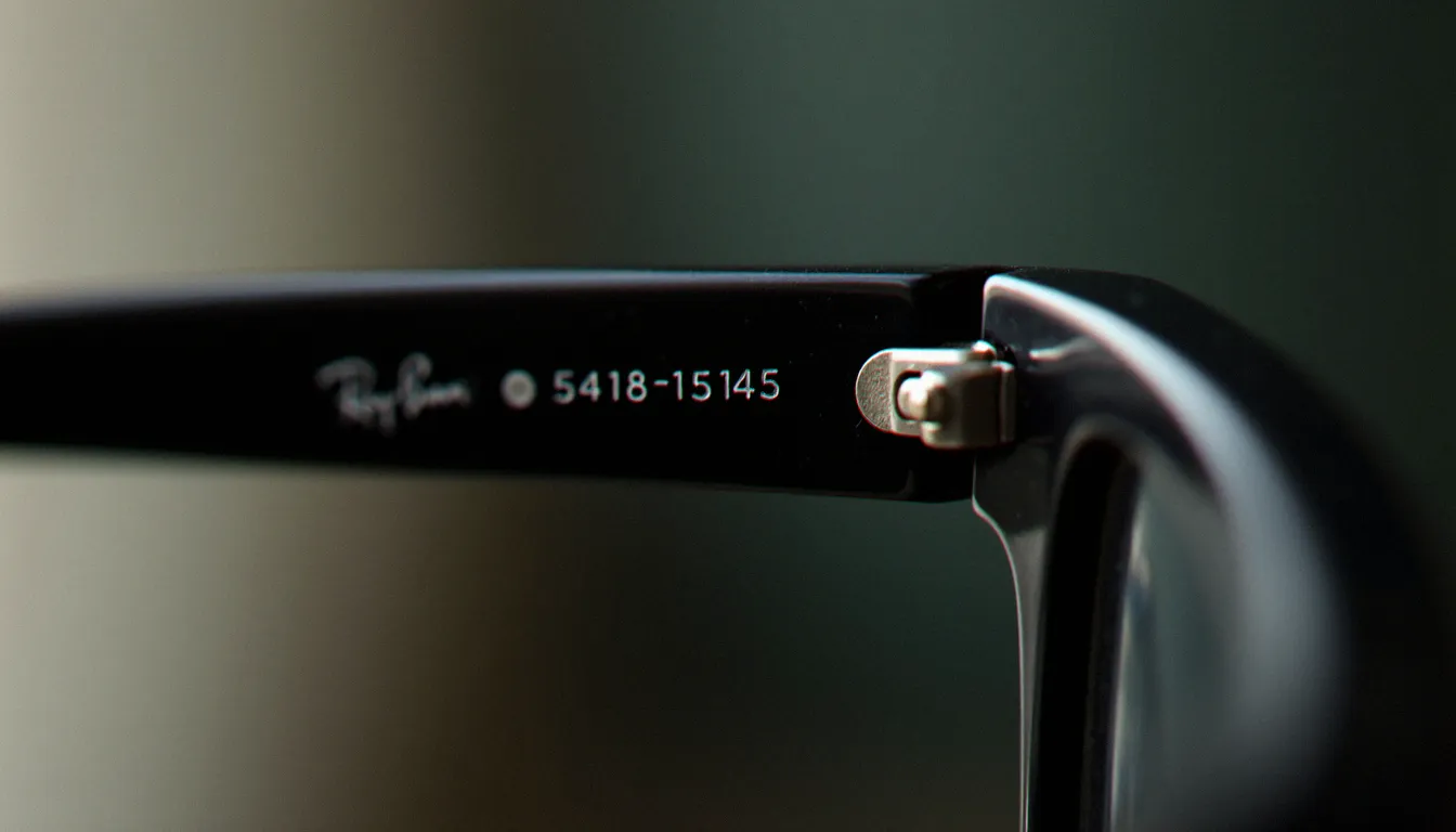 Gros plan sur la branche intérieure d'une monture Ray-Ban noire montrant les chiffres de taille gravés 54-18-145