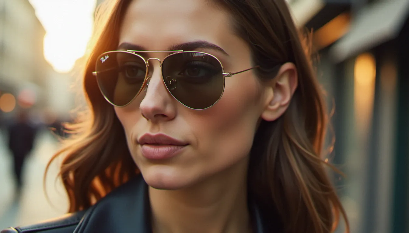 Femme portant des lunettes Ray-Ban Aviator bien ajustées dans une rue parisienne au soleil couchant, illustrant un choix de taille adapté à la morphologie