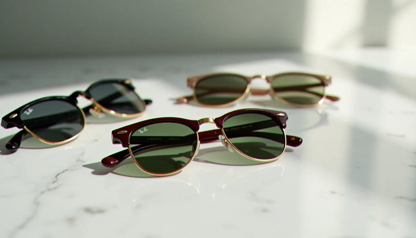 Plusieurs modèles de lunettes Ray-Ban posés sur marbre clair, avec les chiffres de taille gravés visibles sur les branches intérieures