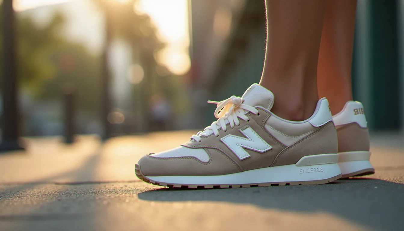 Sneaker femme vintage running en tons taupe et crème sur pavés urbains, modèle iconique de la saison 2026
