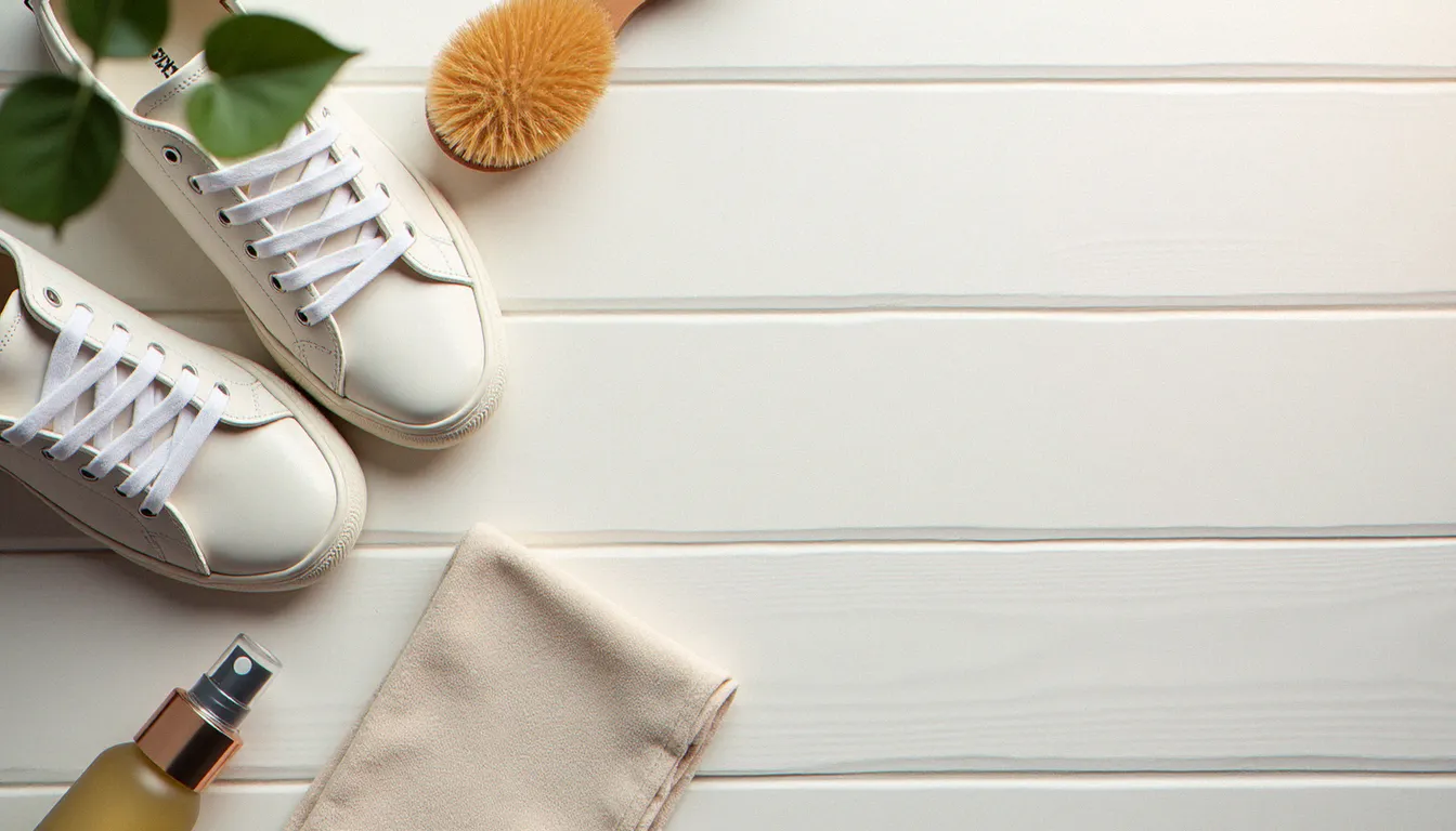 Produits d'entretien pour sneakers femme posés sur une surface en bois clair, kit de nettoyage complet pour baskets tendance