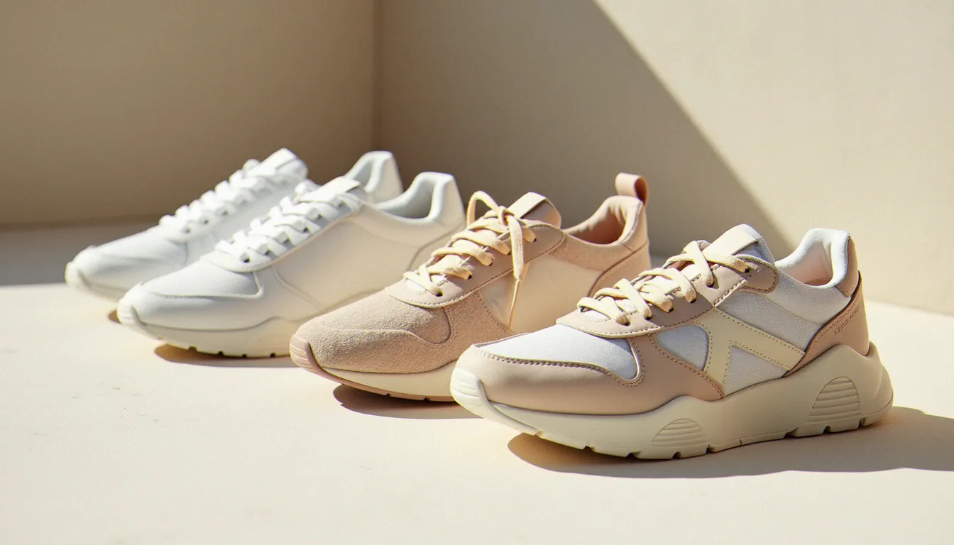 Trois paires de tendances sneakers femme 2026 posées sur une surface en pierre claire, silhouettes variées en coloris neutres