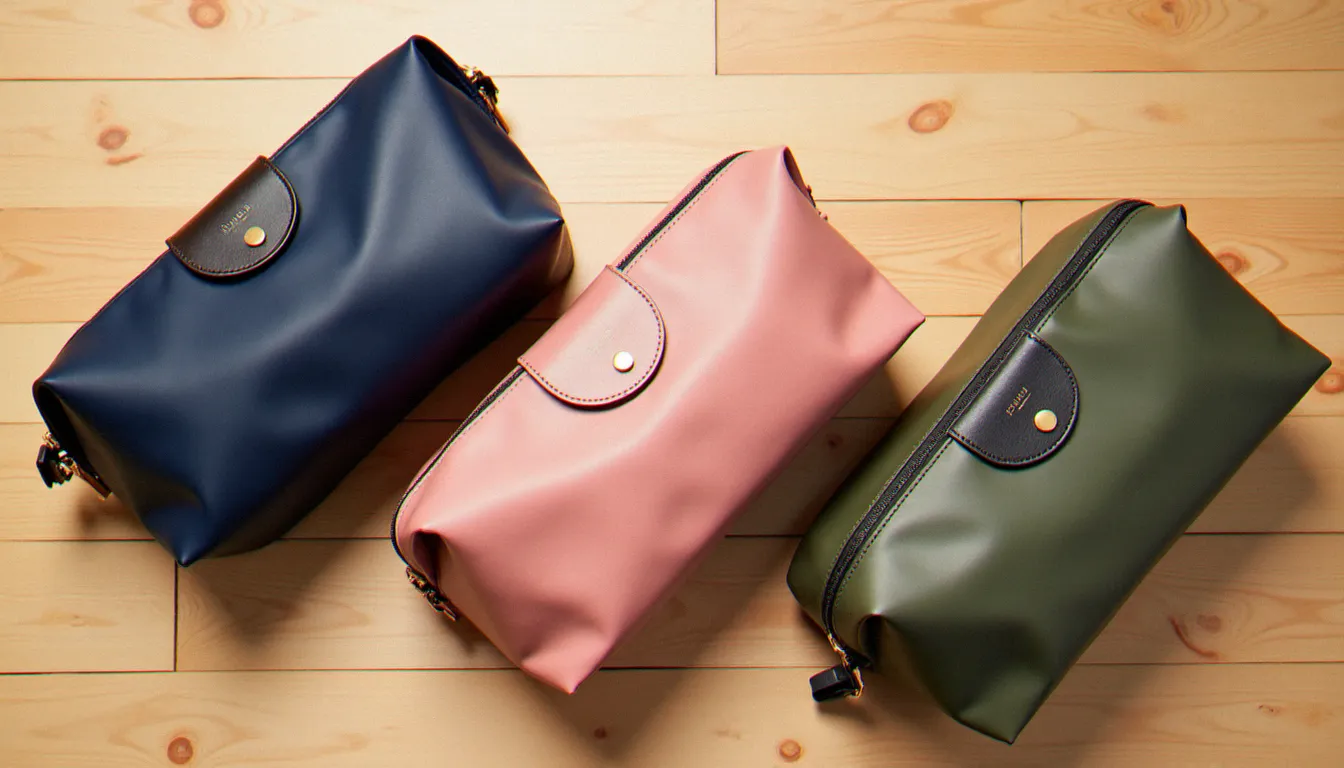 Trois trousses de toilette Longchamp en coloris marine, rose blush et kaki disposées en diagonale sur une surface en bois clair