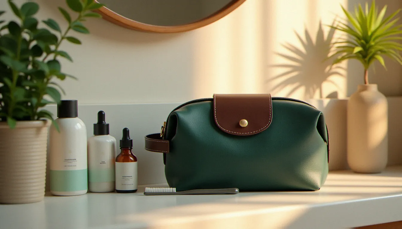 Trousse de toilette Longchamp en cuir vert foncé ouverte sur un plan de salle de bain, entourée de flacons de soin voyage et d'une brosse à dents pliable