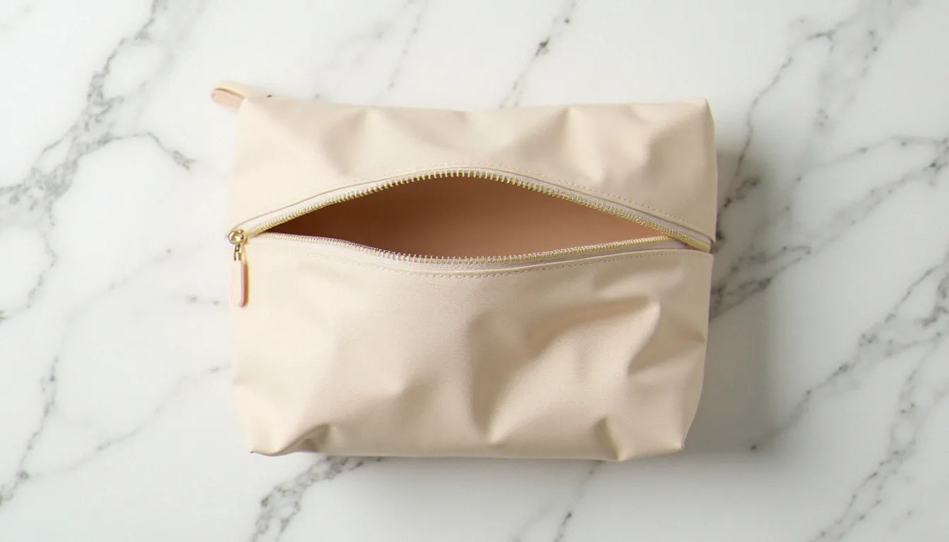 Trousse de toilette Longchamp en nylon beige posée sur du marbre blanc, fermeture éclair entrouverte révélant l'intérieur propre