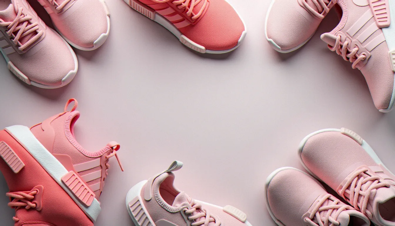 Vue de dessus de trois modèles d'Adidas NMD femme dans différentes nuances de rose, posés côte à côte sur fond gris clair