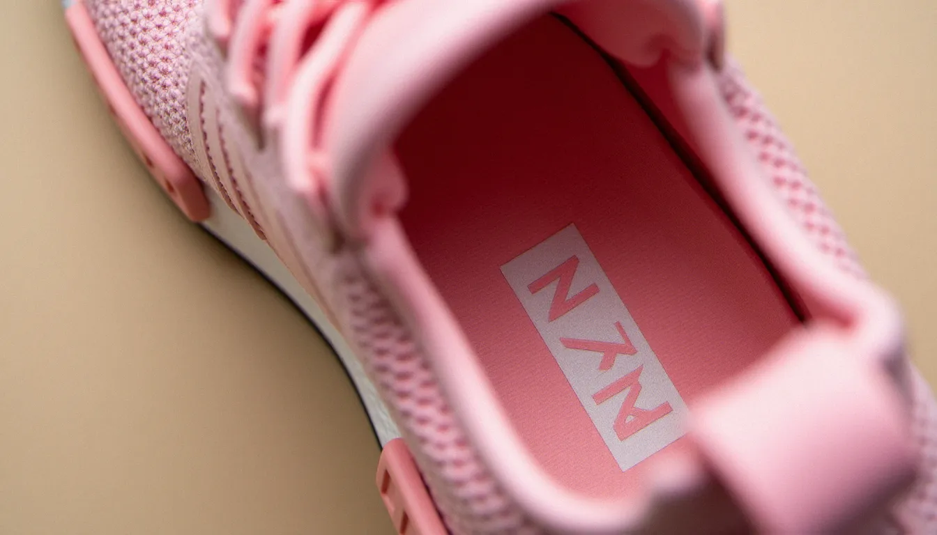 Gros plan sur l'étiquette intérieure et la texture de semelle Boost d'une Adidas NMD rose, détails de coutures et grain de mousse visibles