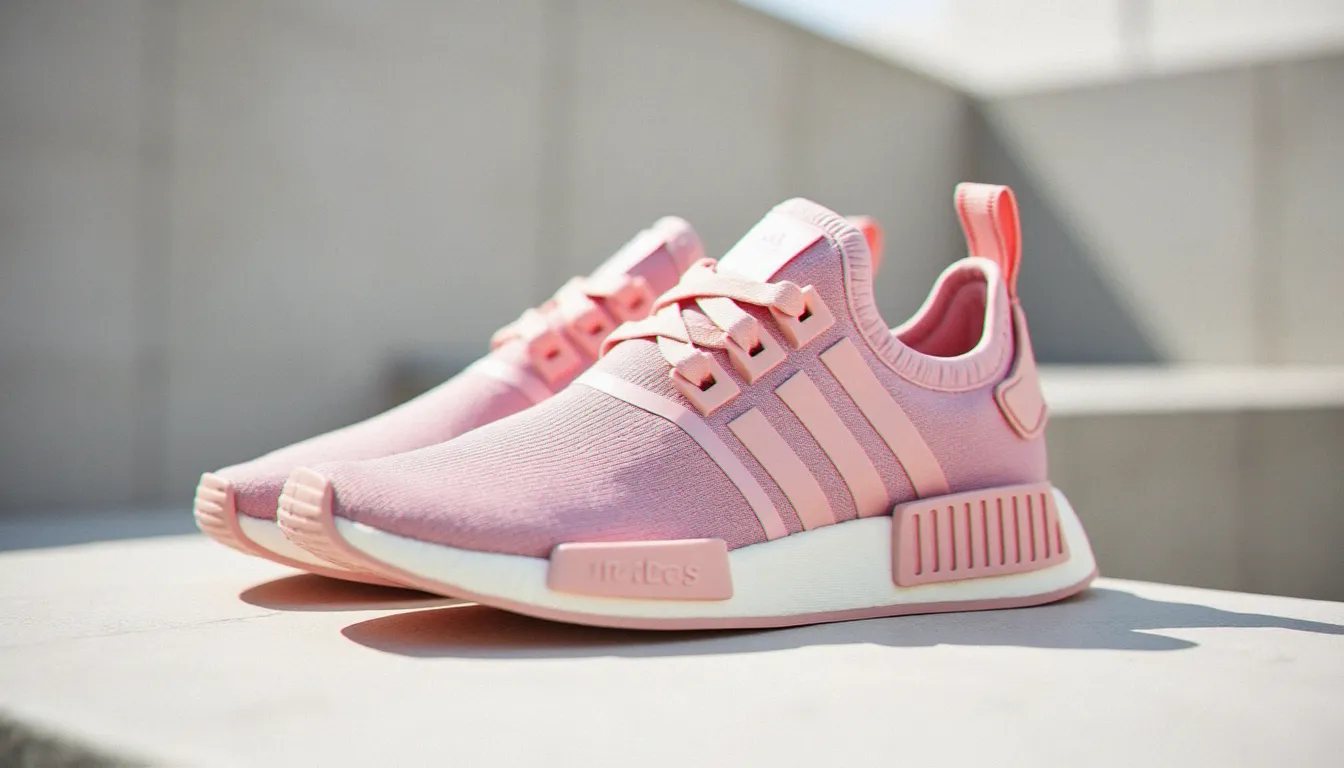 Paire d'Adidas NMD femme rose en Primeknit posée sur béton blanc, vue de côté avec semelle Boost crème et blocs EVA roses visibles