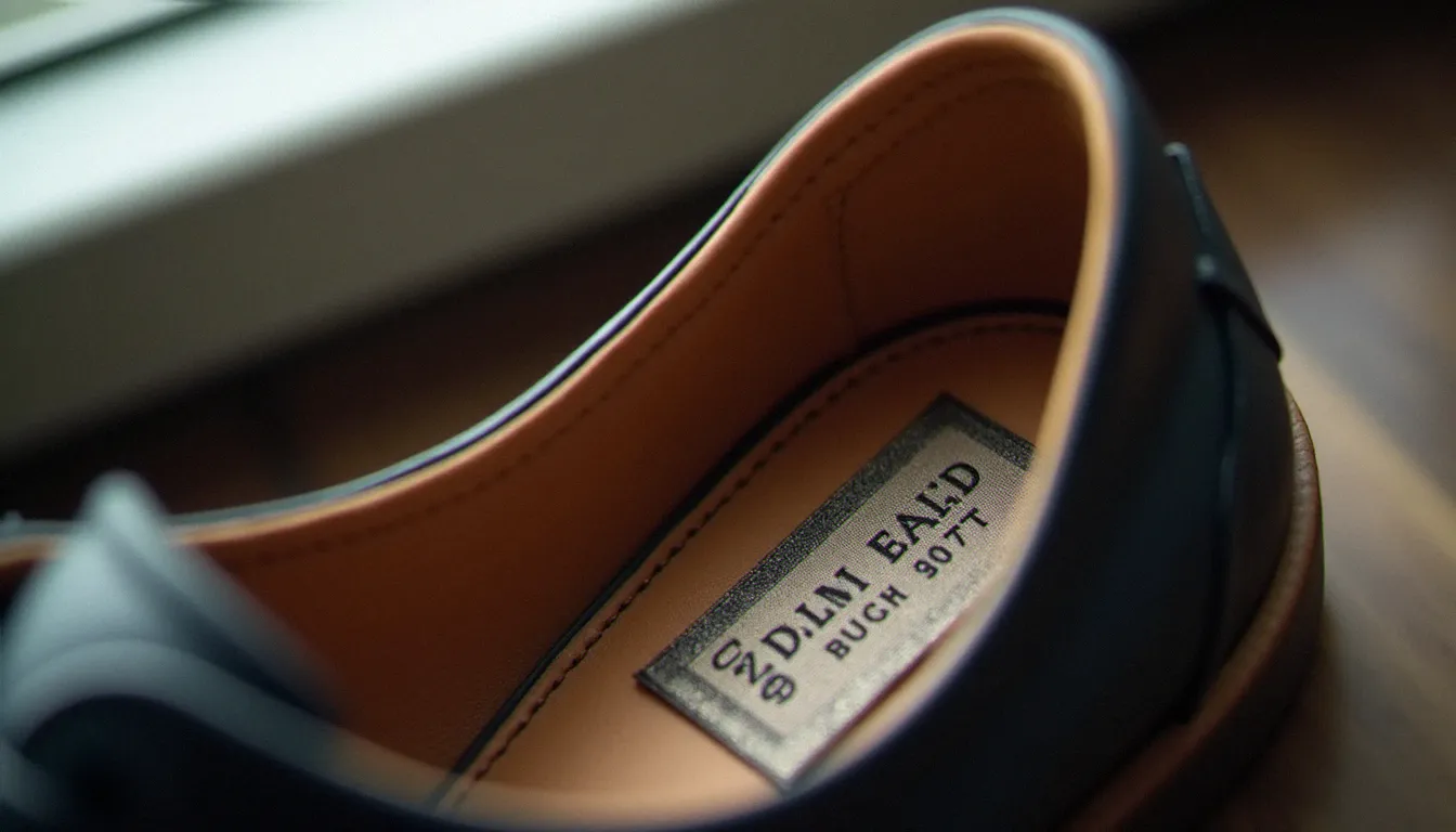 Gros plan sur l'étiquette intérieure et la semelle d'une sneaker de luxe pour homme, critères d'authenticité visibles