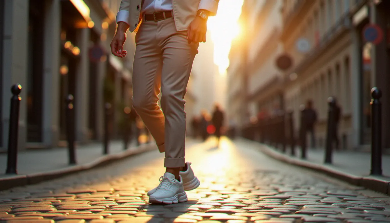 Homme en sneakers de luxe blanches avec pantalon slim et chemise décontractée dans une rue pavée parisienne, style basket Dolce Gabbana homme