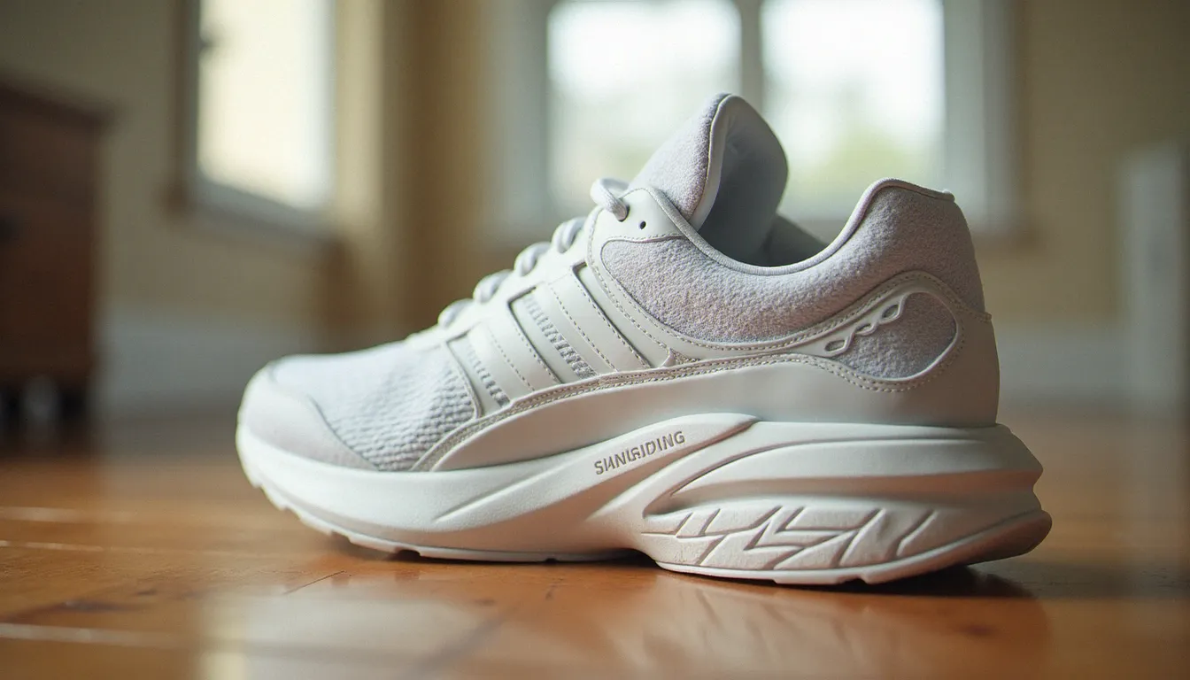 Gros plan sur la semelle intermédiaire en mousse et la semelle extérieure en caoutchouc d'une sneaker rétro blanche, texture détaillée visible sur fond bois