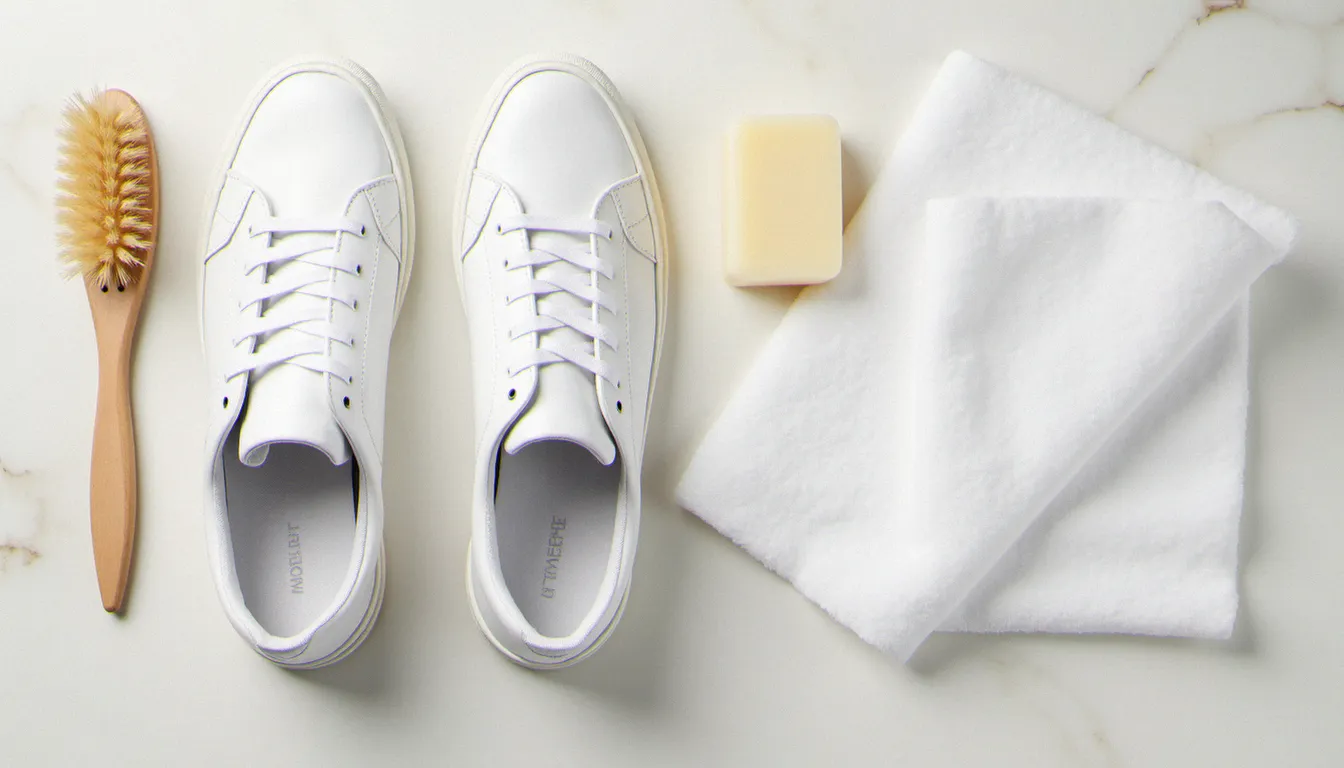 Kit d'entretien sneakers avec brosse souce, savon de Marseille et chiffon microfibre posés à côté d'une paire de sneakers blanches rétro sur marbre clair