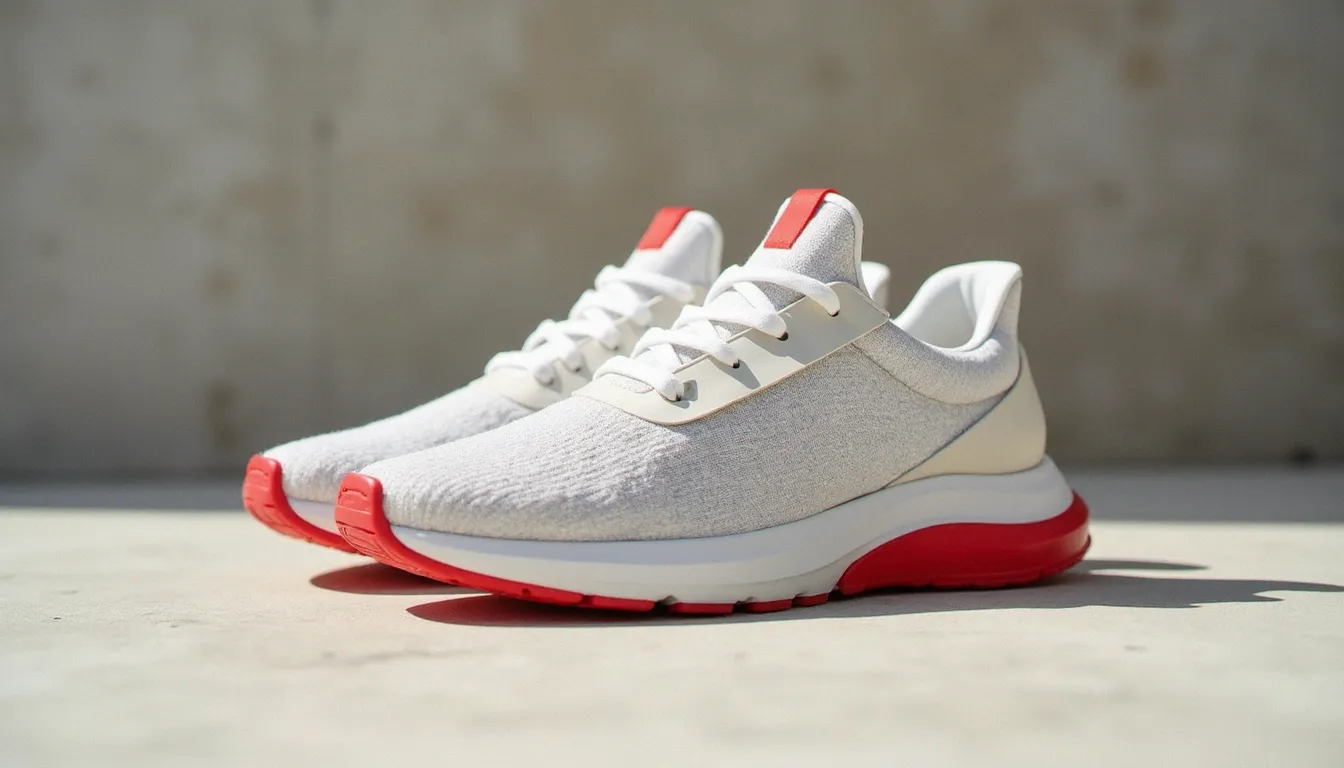 Paire de sneakers lifestyle rétro blanc et rouge au profil courbé, style Cortez Ultra, posée sur béton clair en lumière naturelle
