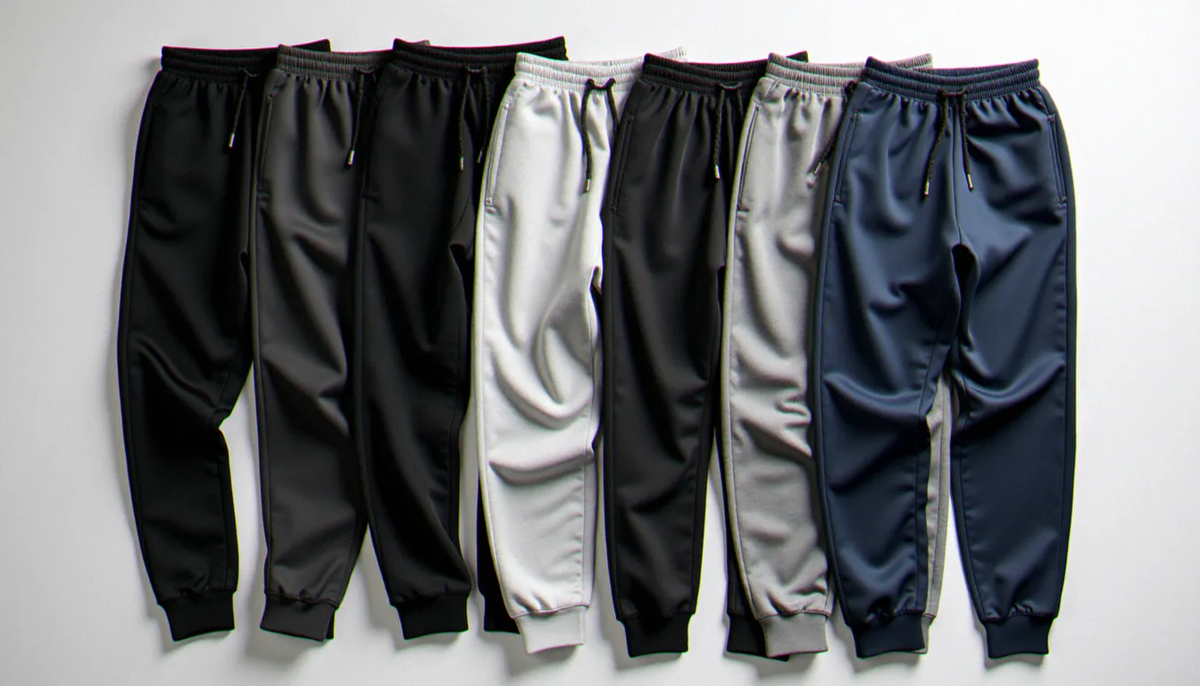 Comparaison de différents modèles de joggings sportswear haut de gamme en vue à plat, textures velours et polyester technique