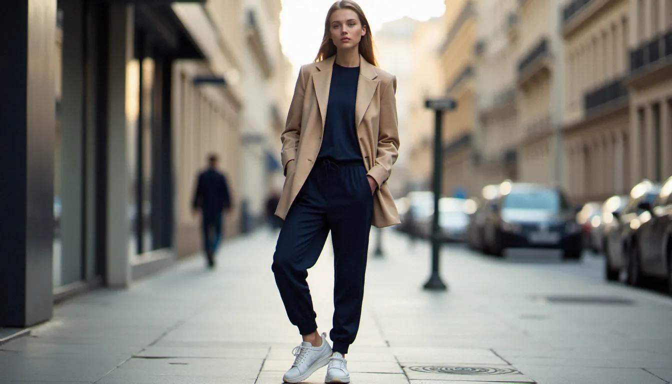 Femme portant un jogging marine avec blazer oversize beige et sneakers blanches dans une rue parisienne, look streetwear chic