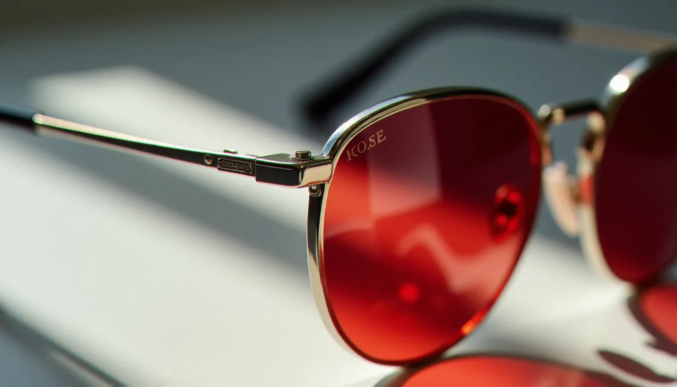 Détail de la charnière et de la branche d'une lunette ronde fine à verres rouges, monture en acier inoxydable argenté sous lumière naturelle