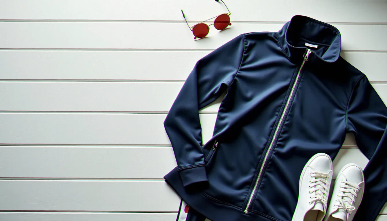 Composition streetwear avec lunettes rondes à verres rouges posées à côté d'un survêtement marine plié et de sneakers blanches sur fond bois blanc