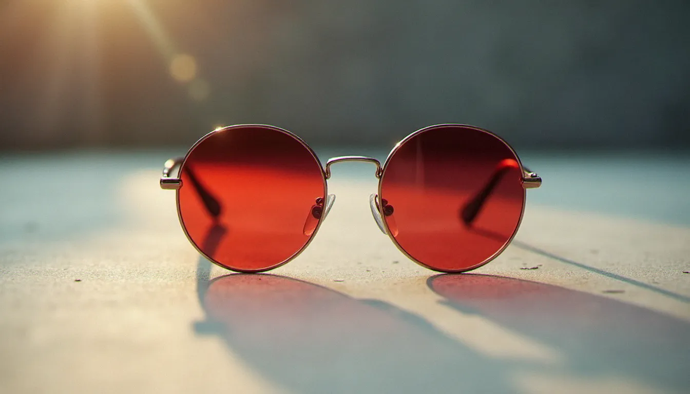 Paire de lunettes rondes à monture métallique fine et verres teintés rouge, posées sur une surface en béton — style lunette daredevil vue de près