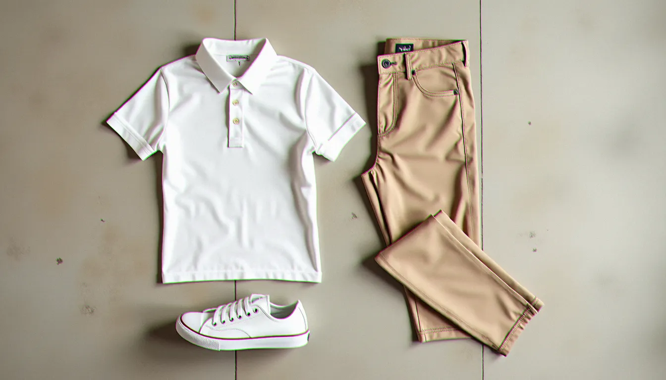 Tenue casual automne posée à plat : polo manche longue blanc, chino beige slim et sneakers blanches sur sol en béton clair