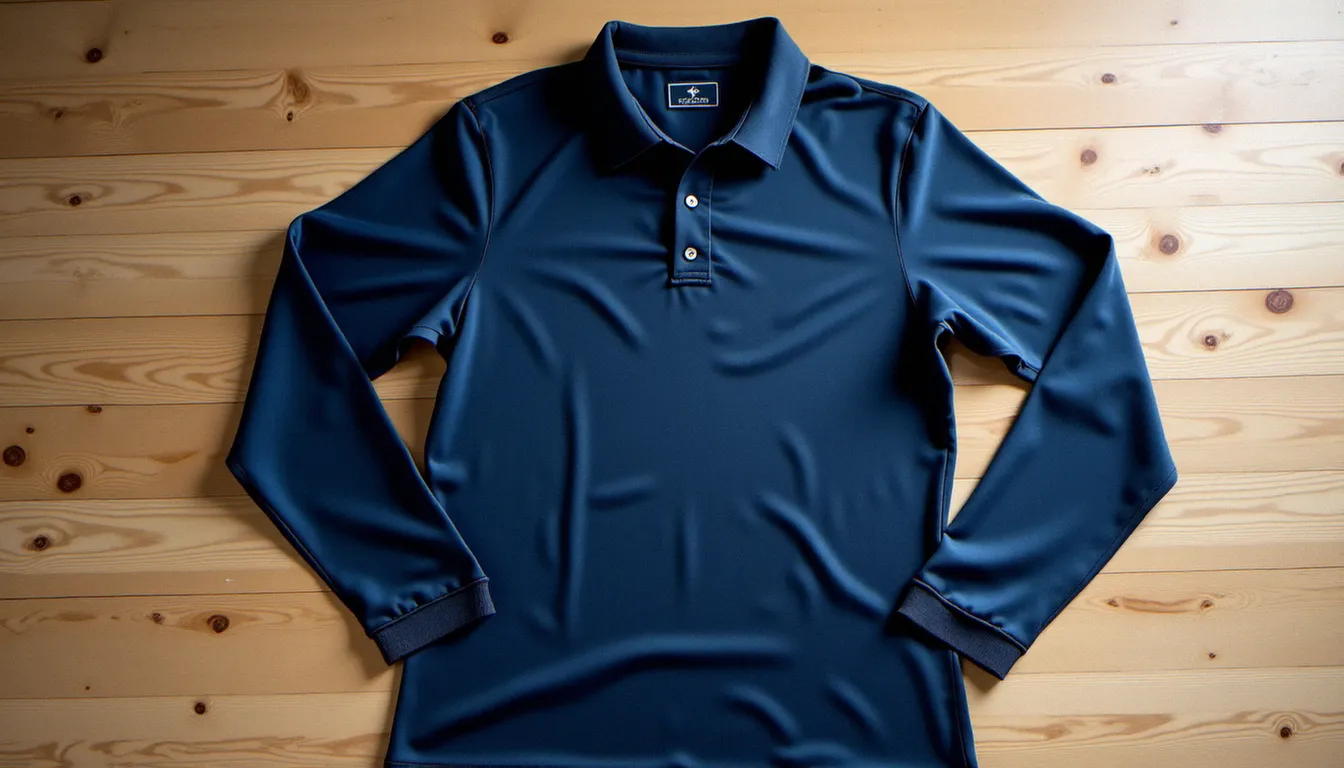 Polo manche longue ralph lauren en coton piqué navy posé à plat sur une surface en bois clair, éclairage naturel doux