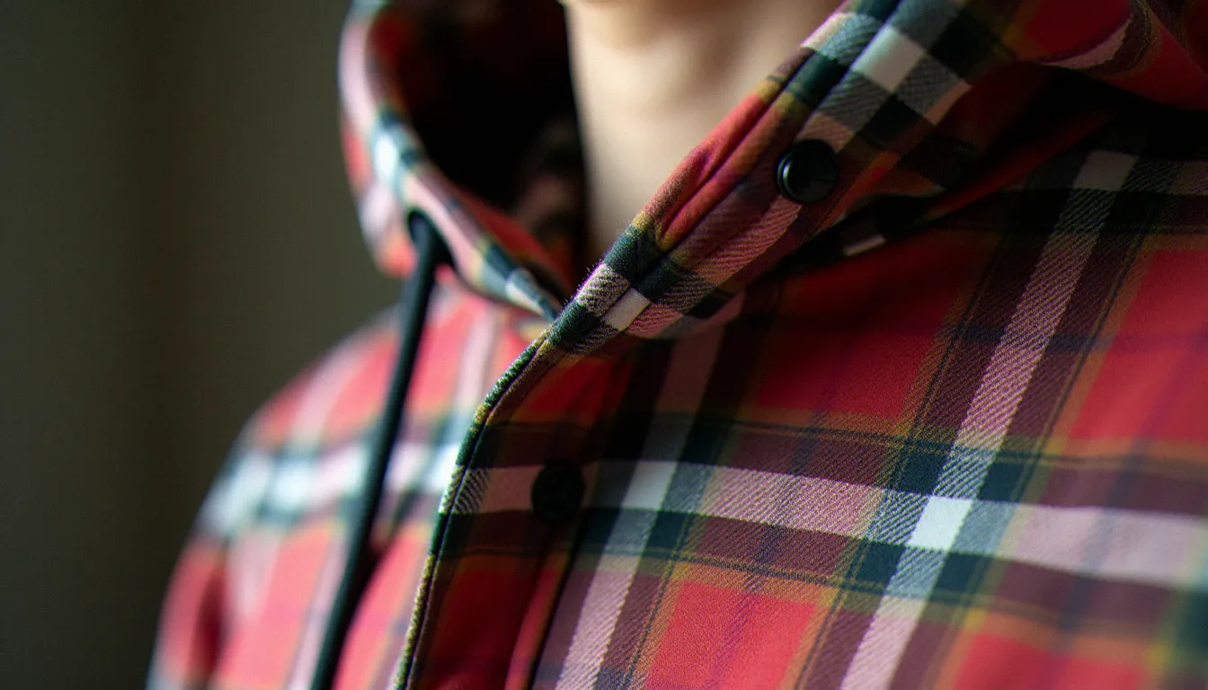 Détail d'assemblage d'un tissu à carreaux tartan au niveau d'une couture de sweat, alignement parfait du motif visible en gros plan