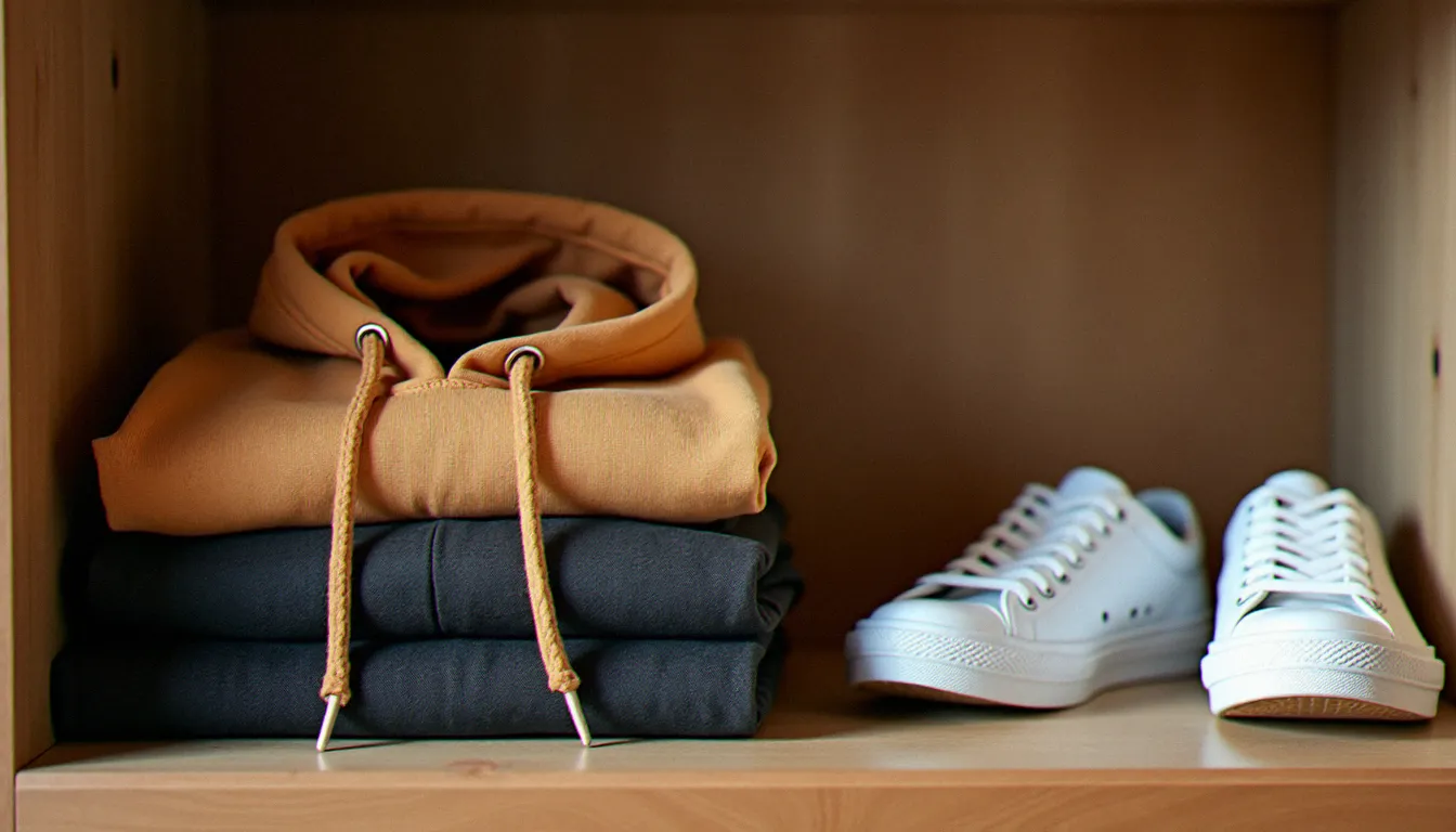 Sweat à carreaux tartan camel et noir plié soigneusement sur une étagère en bois à côté de sneakers blanches, ambiance lumineuse naturelle
