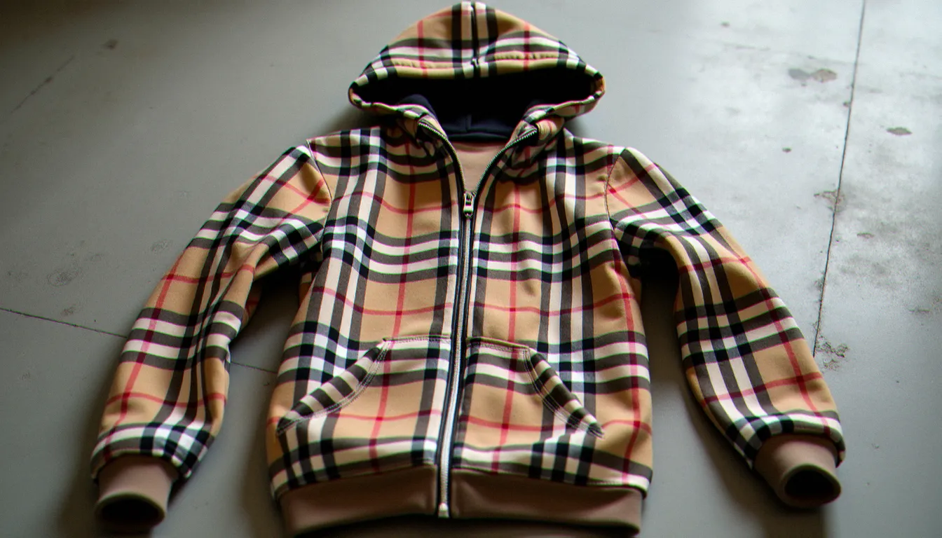 Sweat à capuche requin avec motif tartan beige et noir posé à plat sur une surface en béton gris, détail du tissu en gros plan