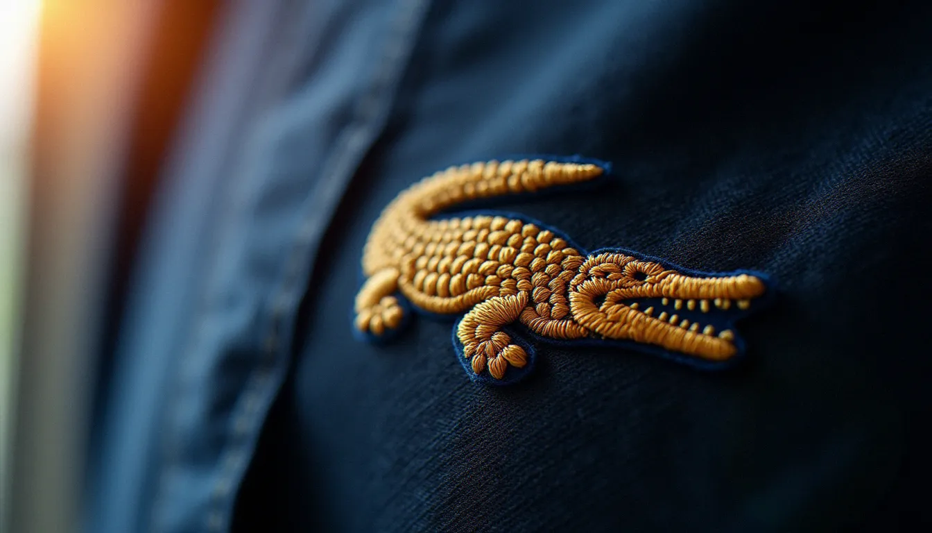 Gros plan macro de la broderie crocodile sur tissu coton marine, fil de chaîne doré visible point par point