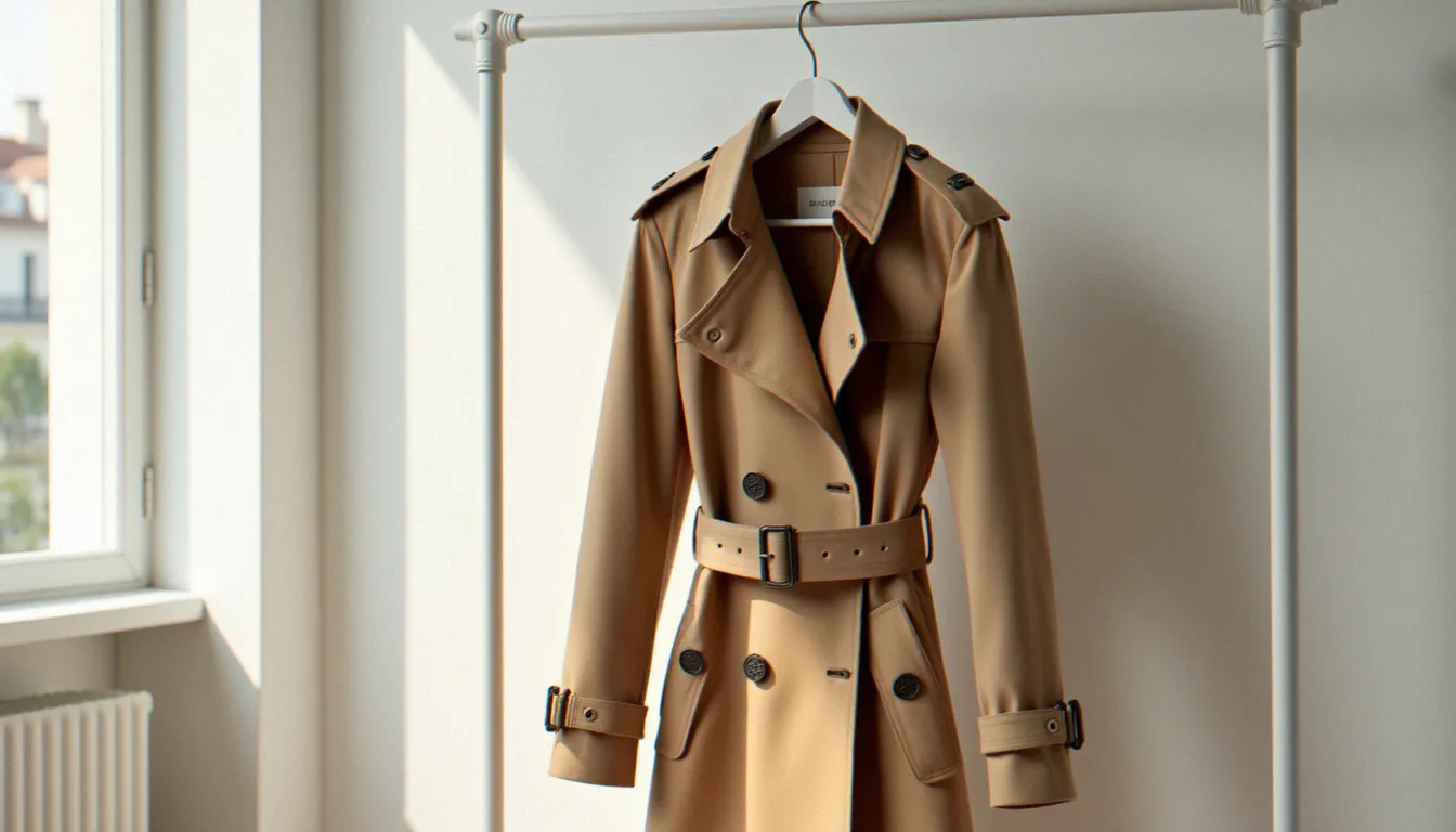 Trench femme Burberry modèle Chelsea en coloris camel suspendu sur un portant dans un intérieur lumineux