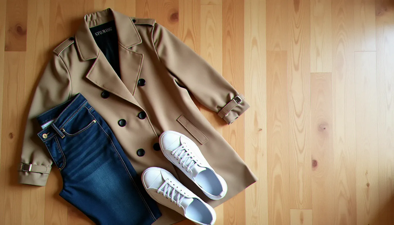 Composition mode vue de dessus avec un trench camel, un jean slim et des sneakers blanches, illustrant un look streetwear élégant au quotidien